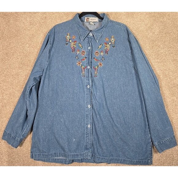 Passion-I Vtg Chambray Button Up Tunic Native American Embroidery Tribal Size 3X - Picture 1 of 16